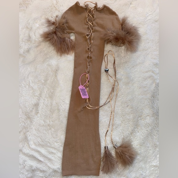 Poster Girl Vanderpool dress Gilded beige Elegant Sheer Dress with Feathers - Picture 5 of 5